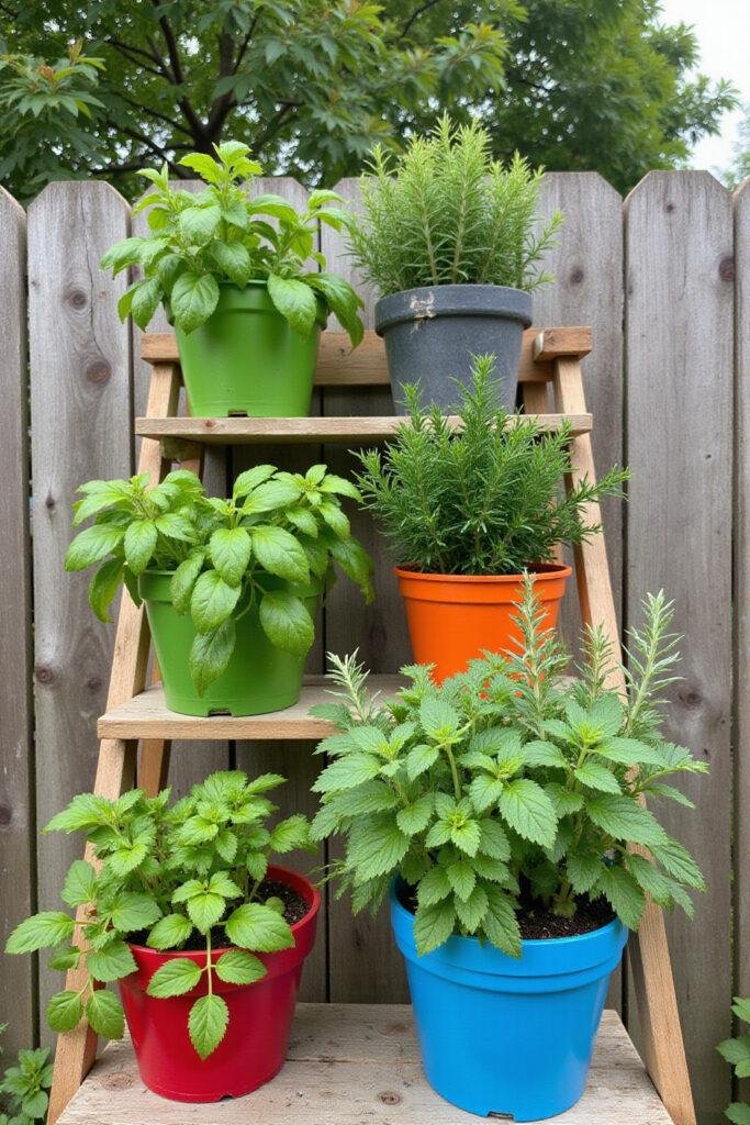 A vibrant DIY herb garden with potted basil, mint, and rosemary on a wooden bench outdoors