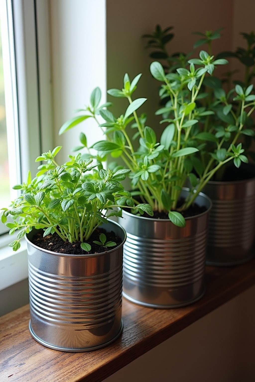 Indoor DIY herb garden with tin cans filled with herbs like parsley and thyme on a wooden shelf