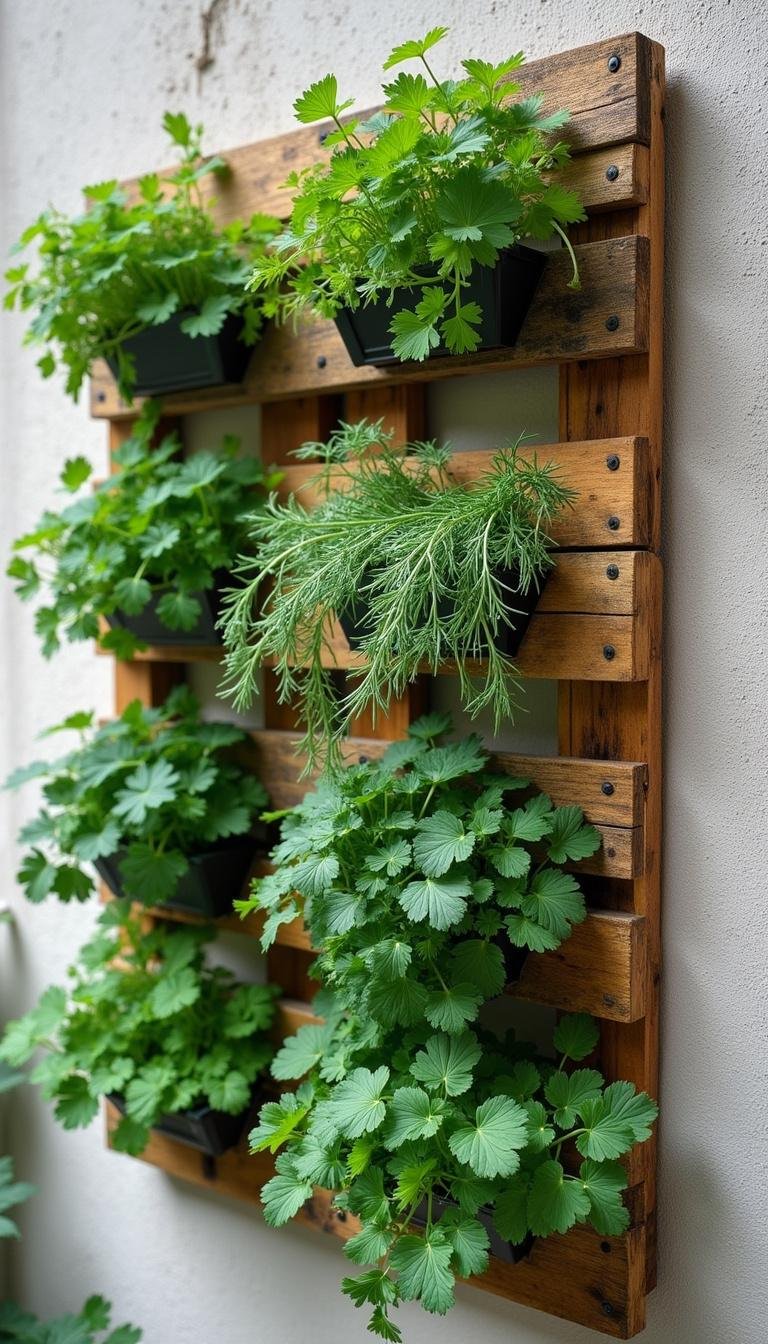 Vertical herb garden on a wooden pallet wall featuring cilantro, chives, and basil growing upwards