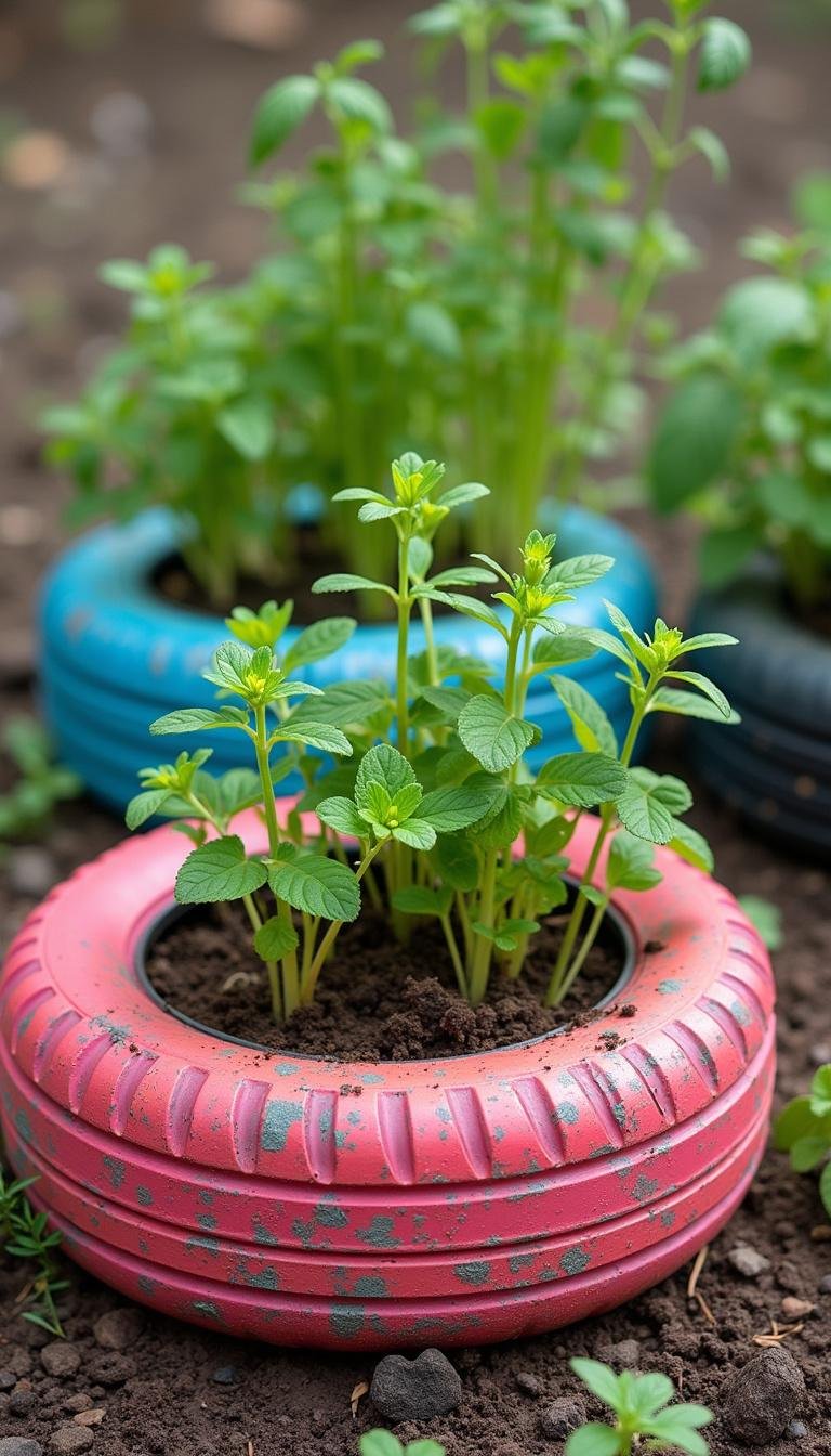 Colorful recycled tire herb planters filled with herbs like oregano and dill, placed on a garden bench