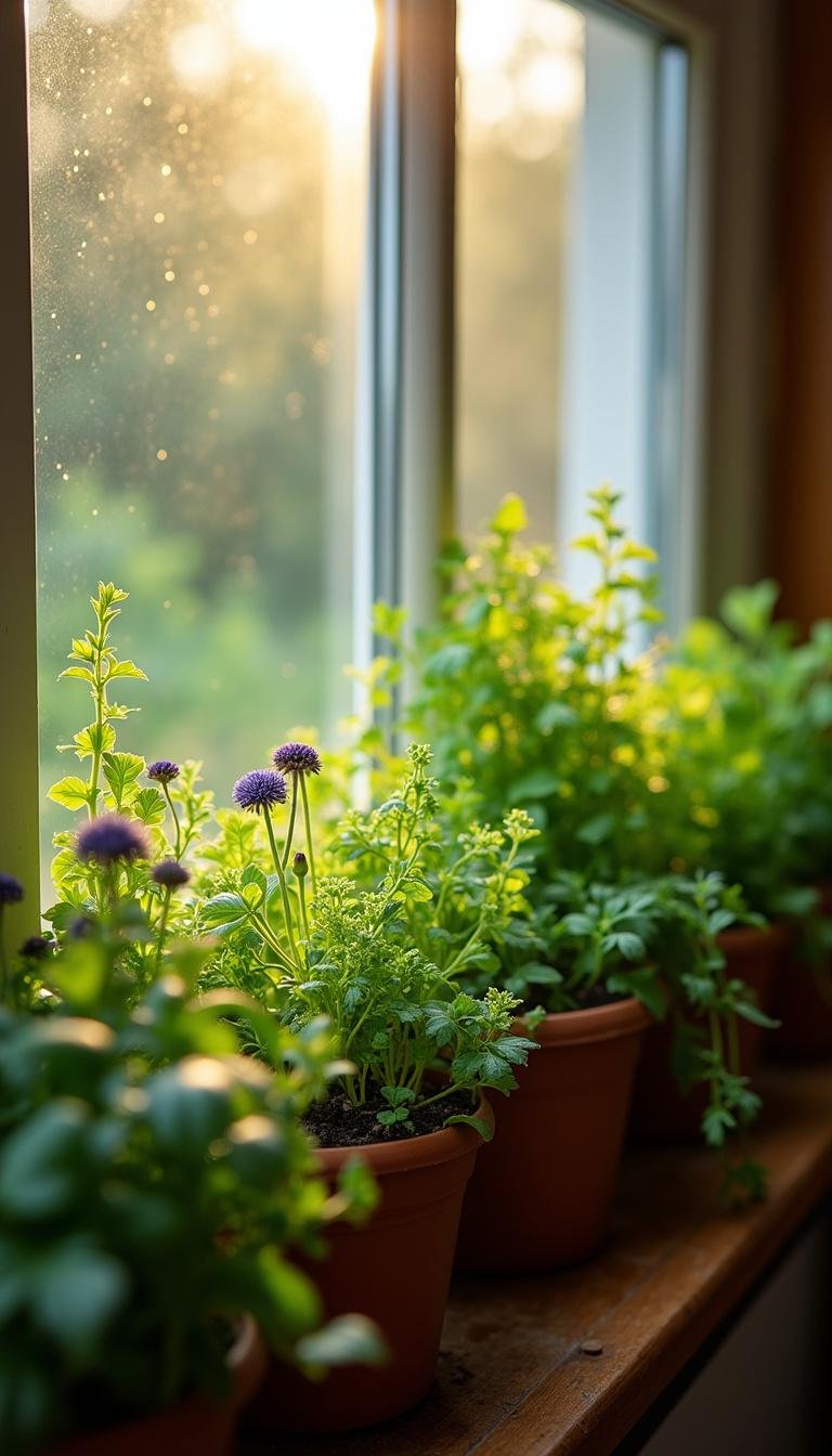 Sunlit window box herb garden with fresh parsley, thyme, and chives on a bright windowsill