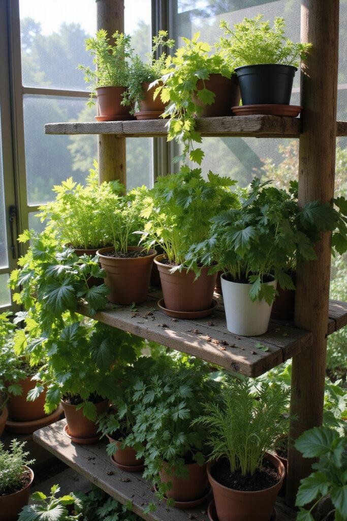 A backyard herb garden with potted herbs on wooden shelves basking in sunlight, perfect for lazy gardeners