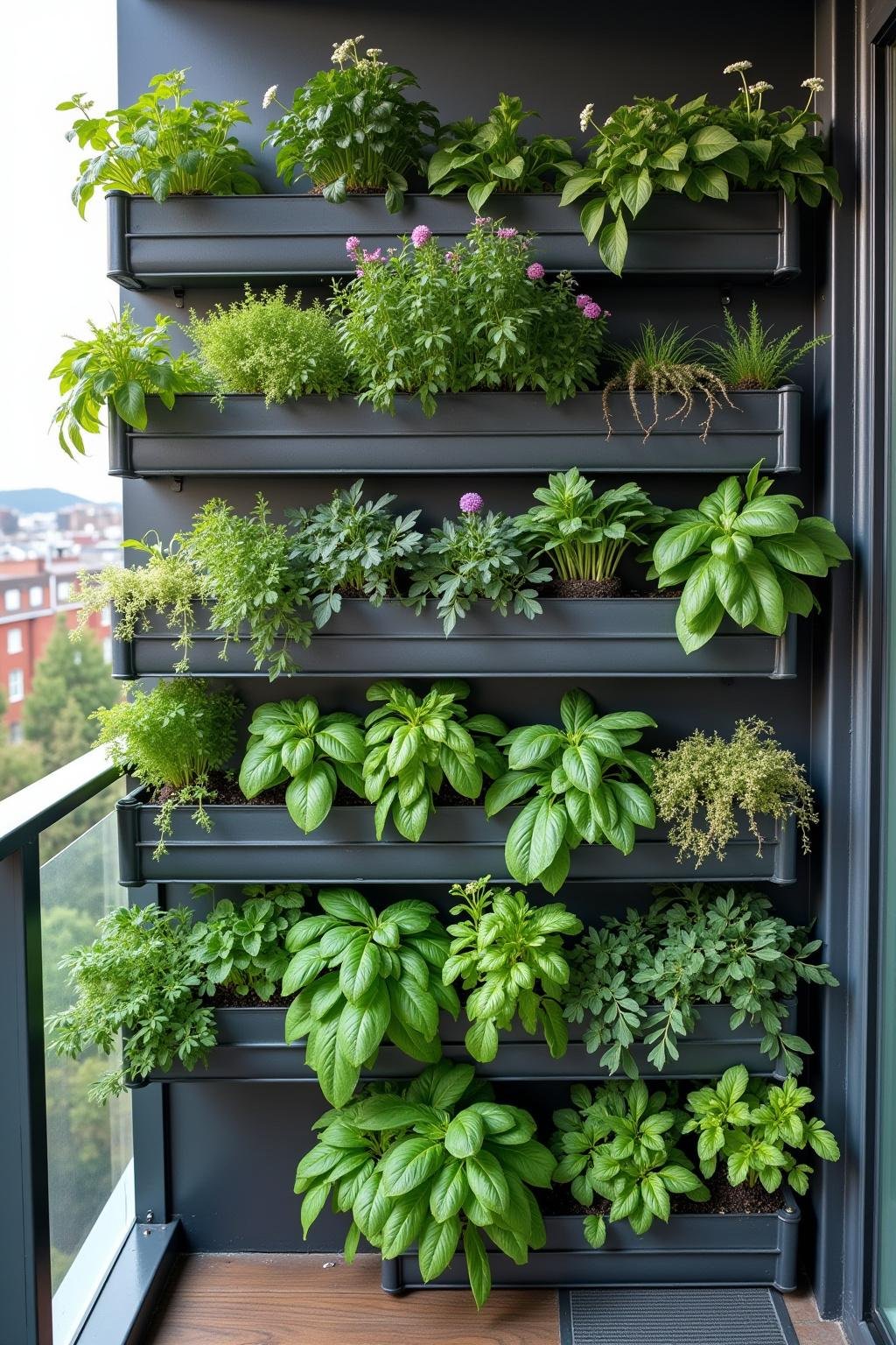 Vertical herb garden on a balcony showcasing wall-mounted planters filled with herbs for easy maintenance