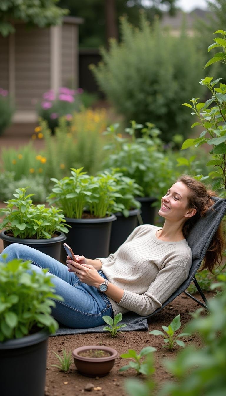 Relaxing scene of a person in a herb garden with self-watering containers, ideal for lazy gardeners