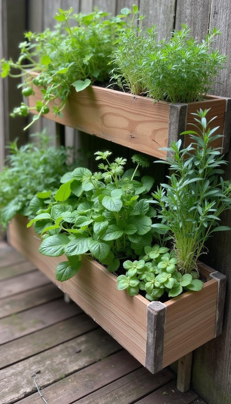 Rustic DIY herb garden made from reused wooden crates filled with thriving herbs