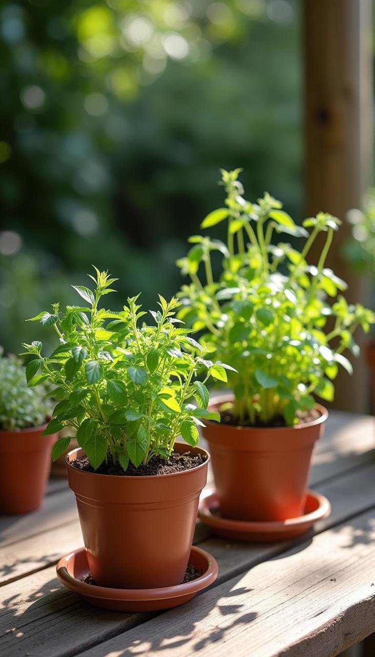 Minimalist herb garden with potted herbs on a sunny patio table for easy gardening