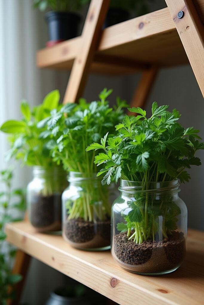 Indoor herb garden with glass jars containing basil, mint, and parsley on a wooden shelf, perfect for forgetful waterers