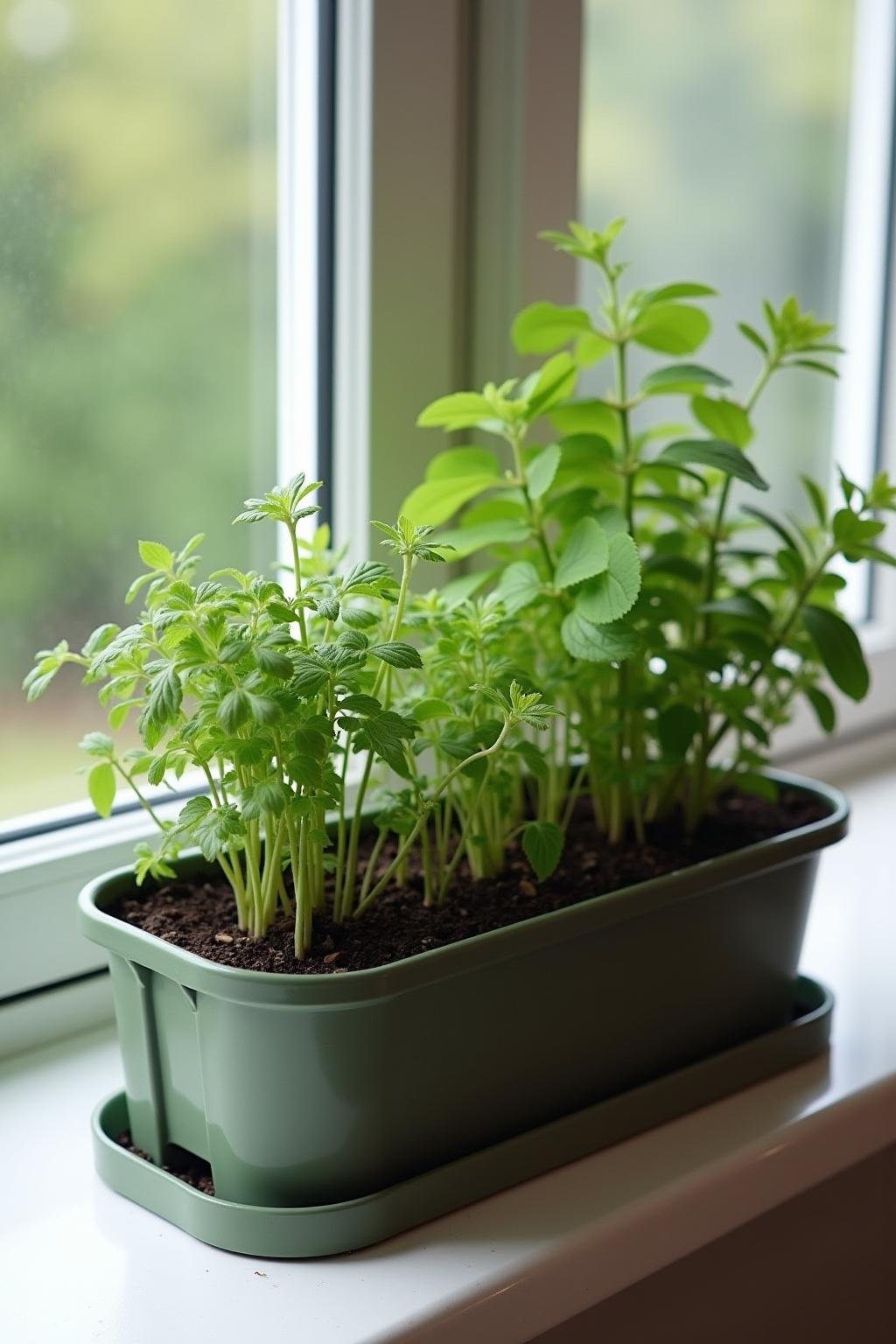 Self-watering herb planter featuring basil, thyme, and cilantro on a bright windowsill for easy care