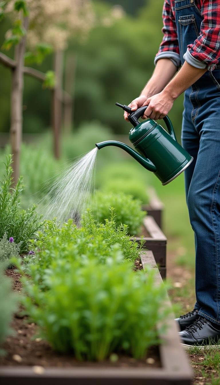 Person tending to an outdoor herb garden with raised beds containing various aromatic herbs like rosemary and oregano