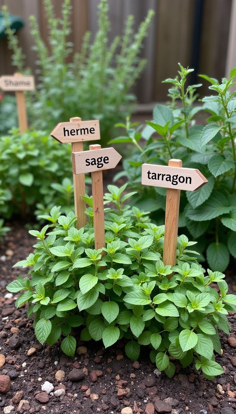 Compact backyard herb garden with labeled herbs such as thyme, sage, and tarragon, ideal for forgetful gardeners
