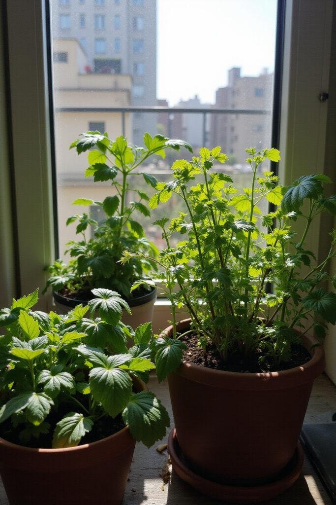 Urban balcony filled with pots of basil, mint, and parsley herbs growing in sunlight