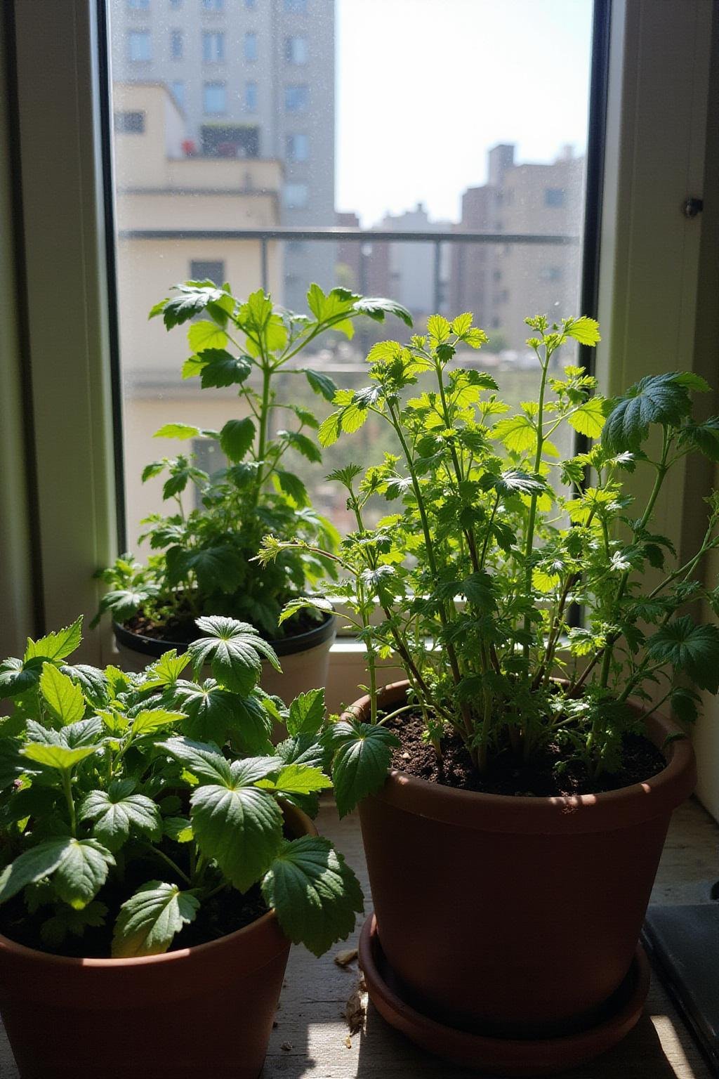 Urban balcony filled with pots of basil, mint, and parsley herbs growing in sunlight
