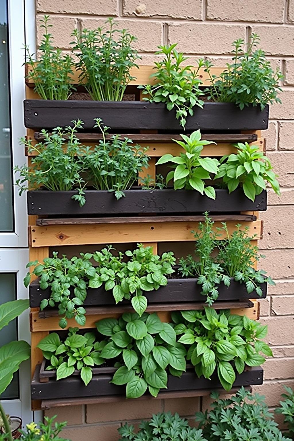 Vertical wall garden with herbs like thyme, chives, and basil on a wooden pallet setup