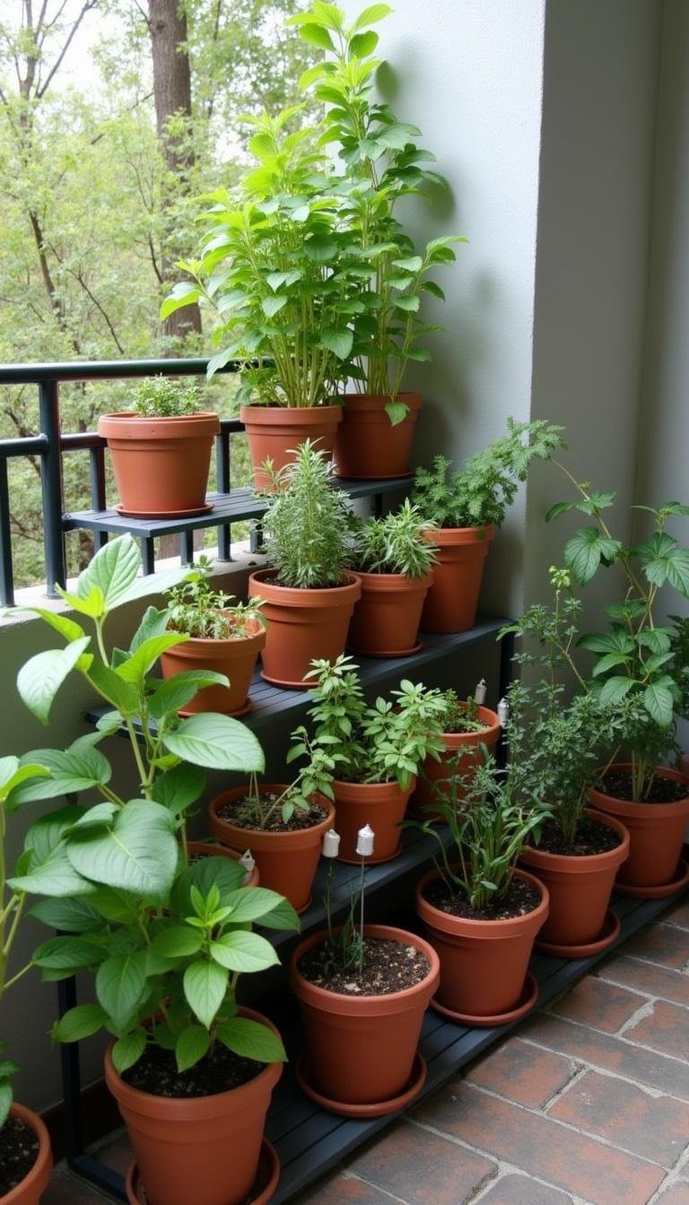 Pots d'herbes superposés sur une étagère de balcon avec de la sauge, du persil et de la ciboulette