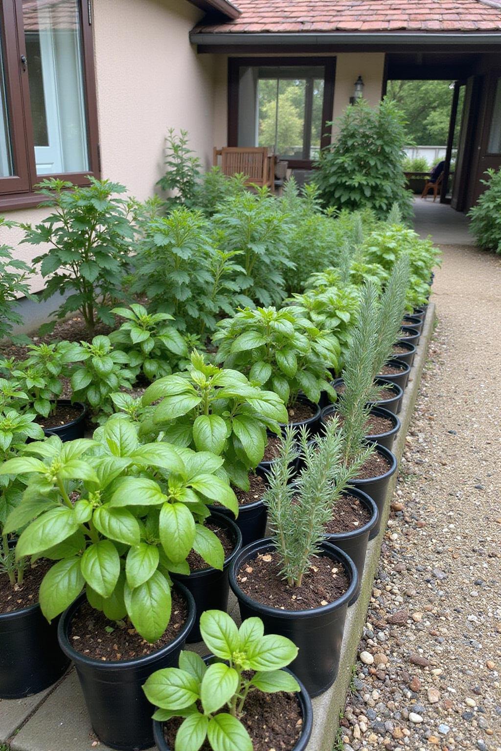 Herb garden with basil, thyme, and rosemary plants in pots outside a cottage