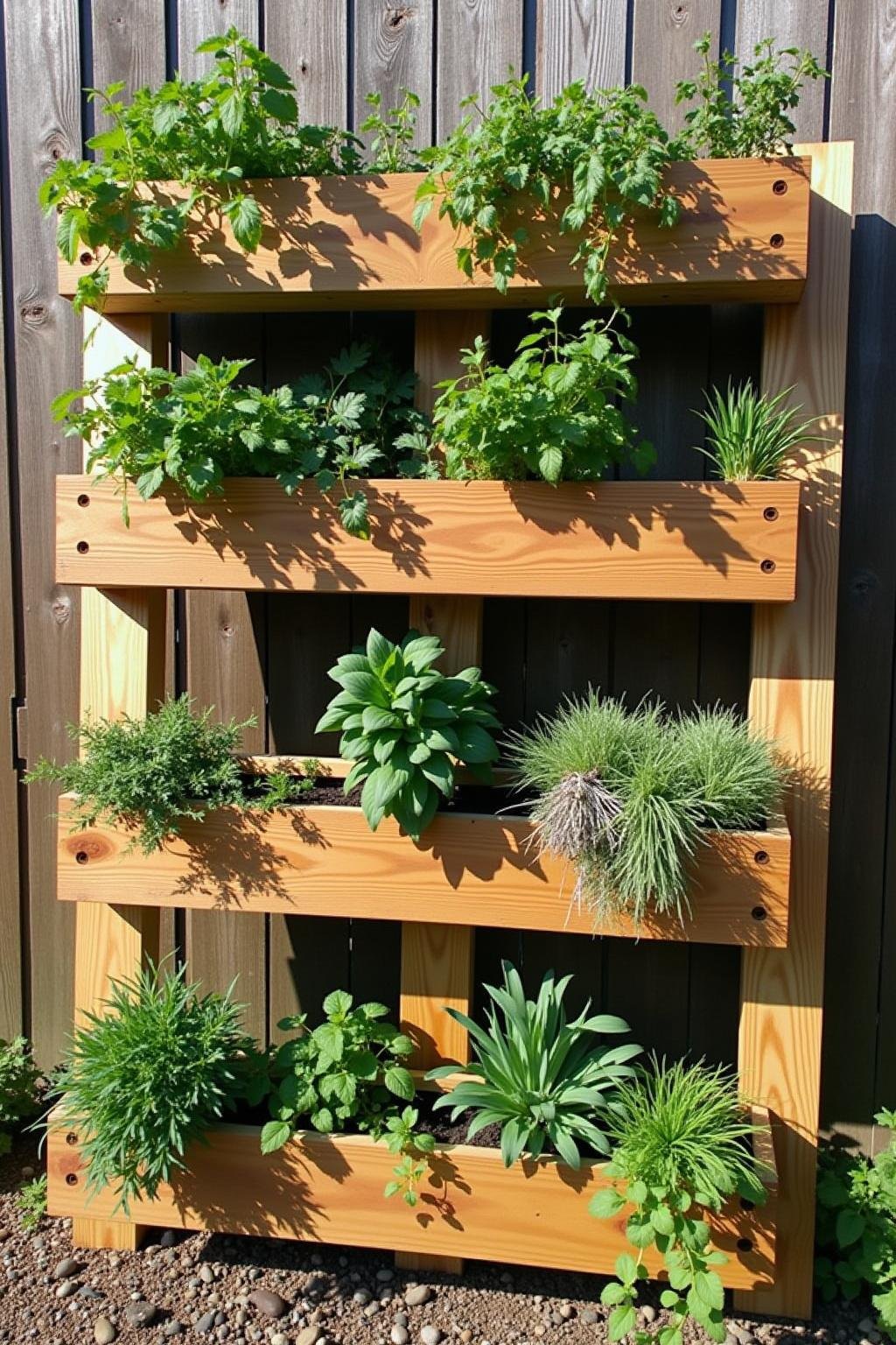 Vertical herb garden on a wooden pallet wall with mint, parsley, and chives