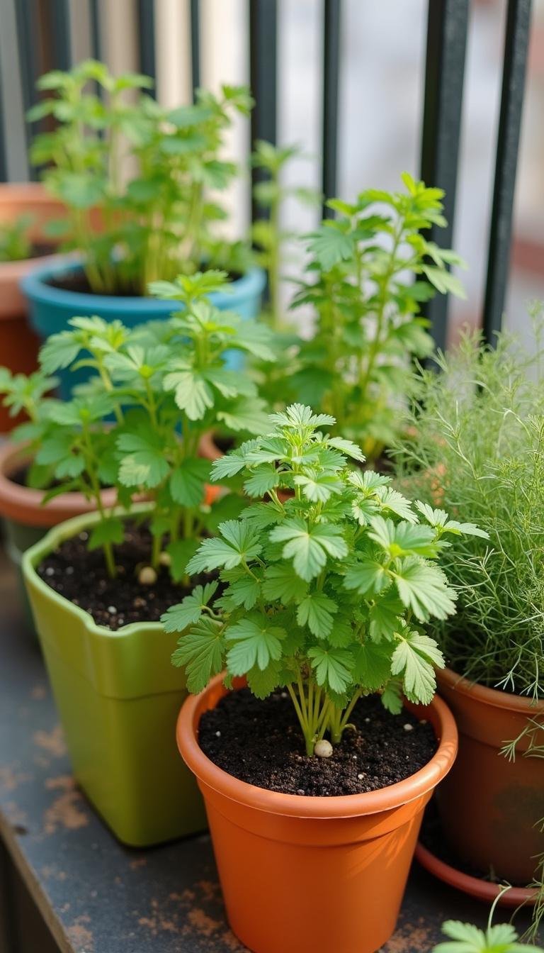 Urban balcony herb garden with oregano, cilantro, and dill in colorful pots