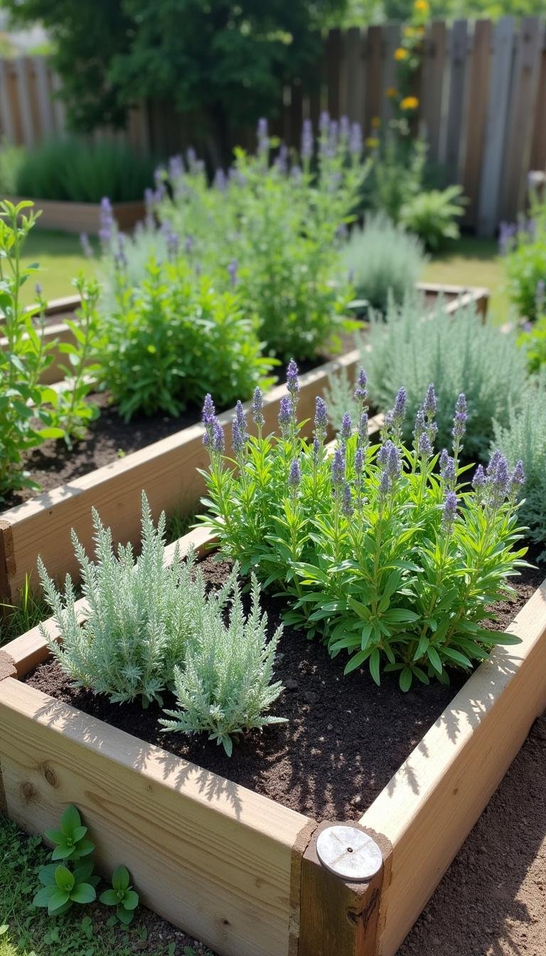 Raised herb garden bed with lavender, sage, and tarragon in a backyard