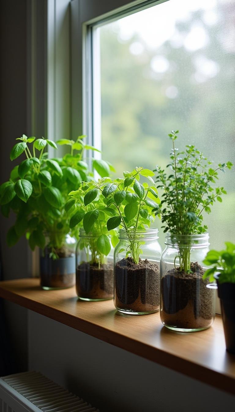 Indoor herb garden on a windowsill with basil, thyme, and parsley in jars