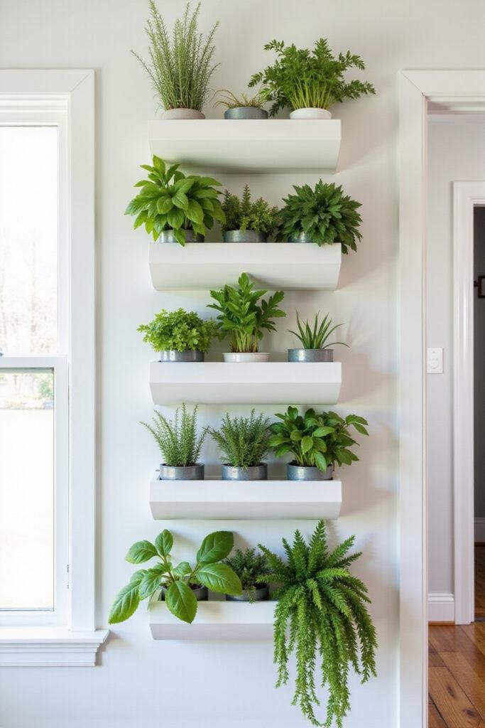 Vertical herb garden on kitchen wall featuring basil, mint, and parsley in small pots, saving floor space