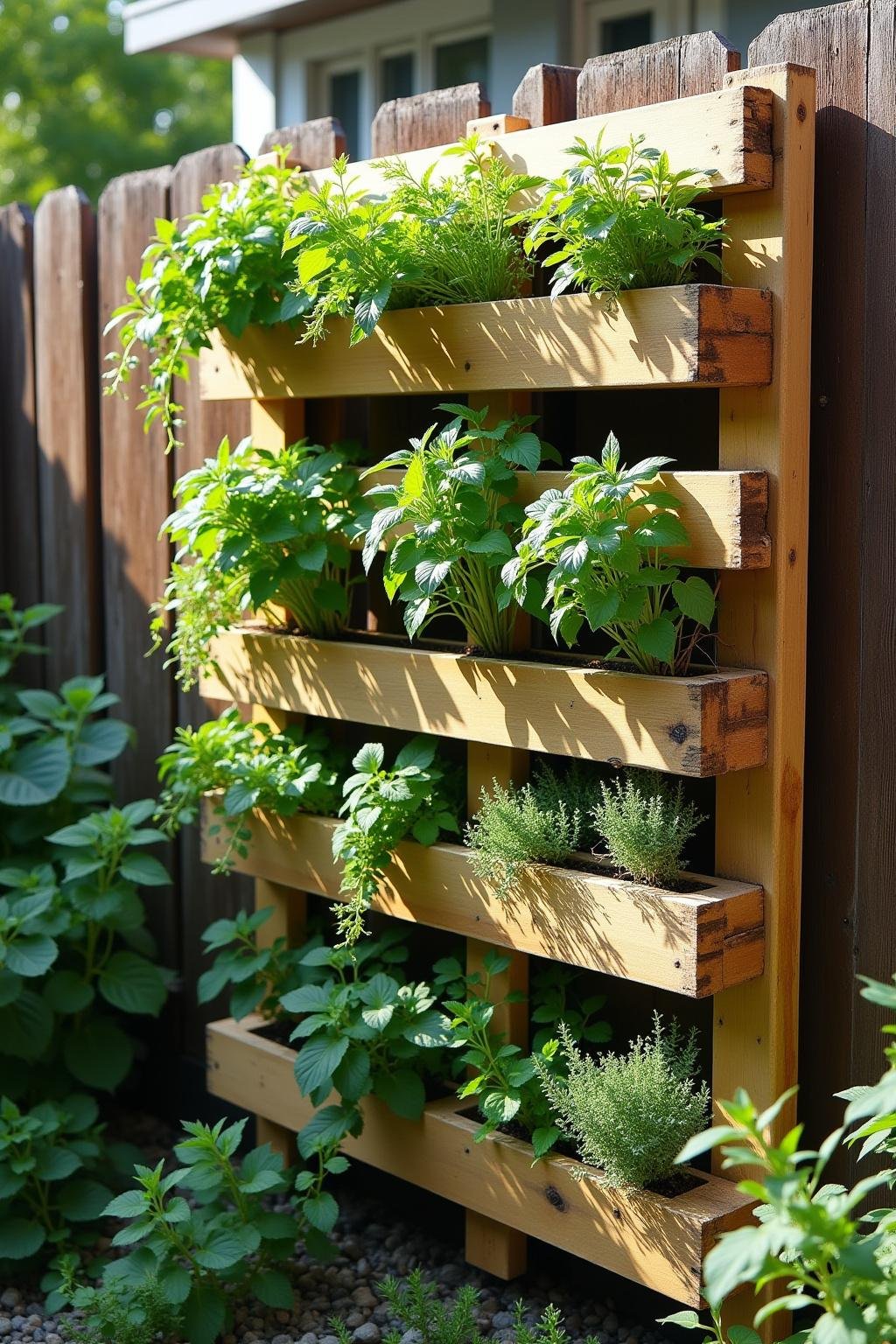 Outdoor vertical herb garden using wooden pallets, filled with various herbs, set in sunlight