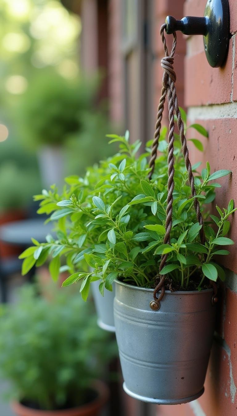 Hanging metal pocket herb garden with thyme and chives in a patio, space-saving design
