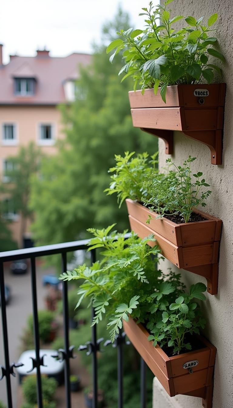 Balcony vertical herb garden with stacked planters on railing, lush green herbs visible