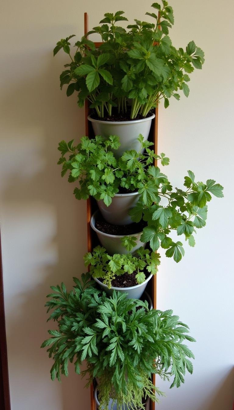 Indoor DIY vertical herb garden using a shoe organizer filled with herbs, space-efficient and practical