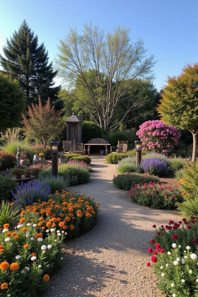 Whimsical garden with colorful flowers, fairy lights, and rustic furniture suitable for free spirits