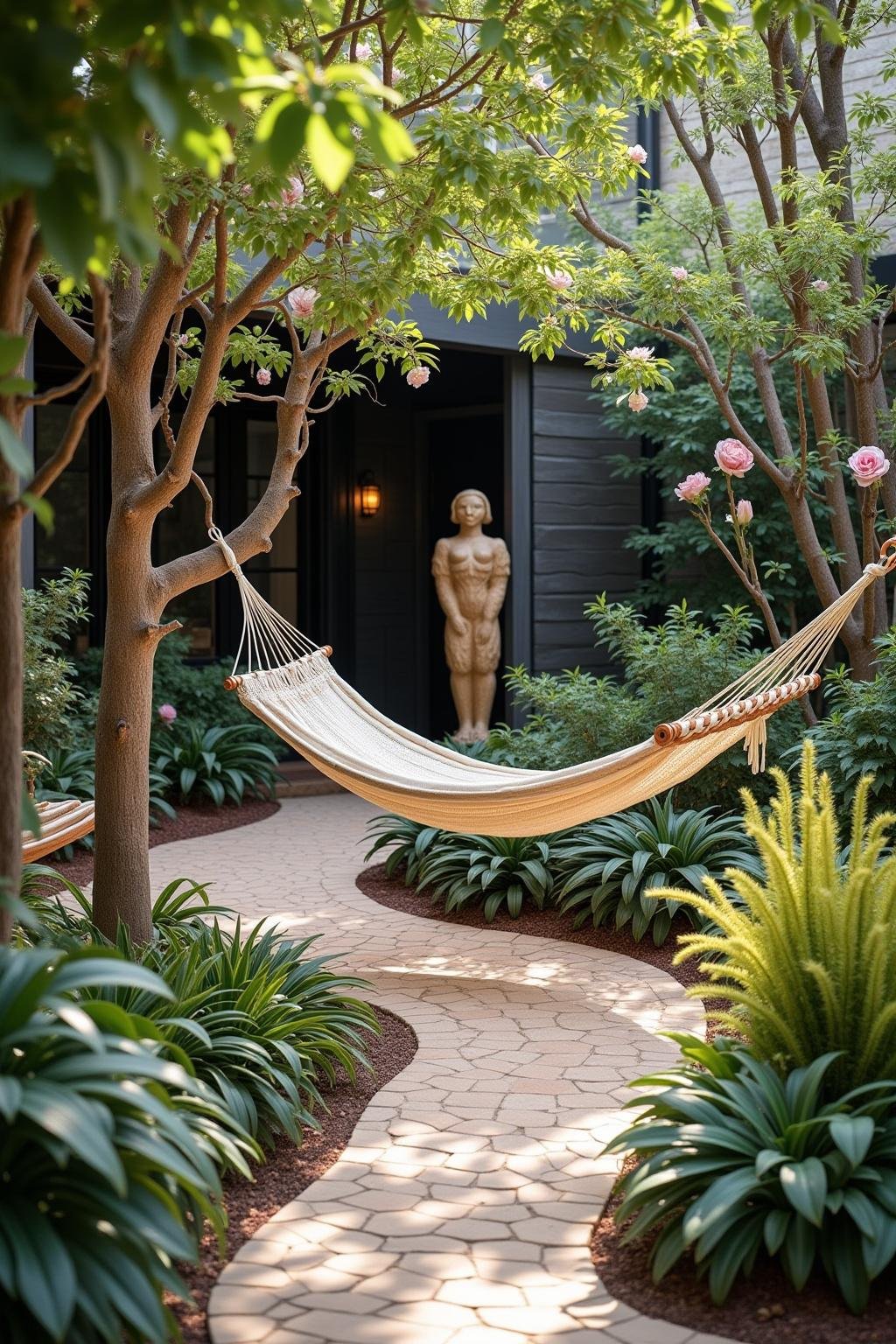 Cozy garden with hammocks, sculptures, and vibrant greenery creating a free-spirited atmosphere
