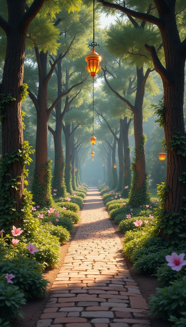 Magical garden pathway lined with lanterns and whimsical decorations for free spirits