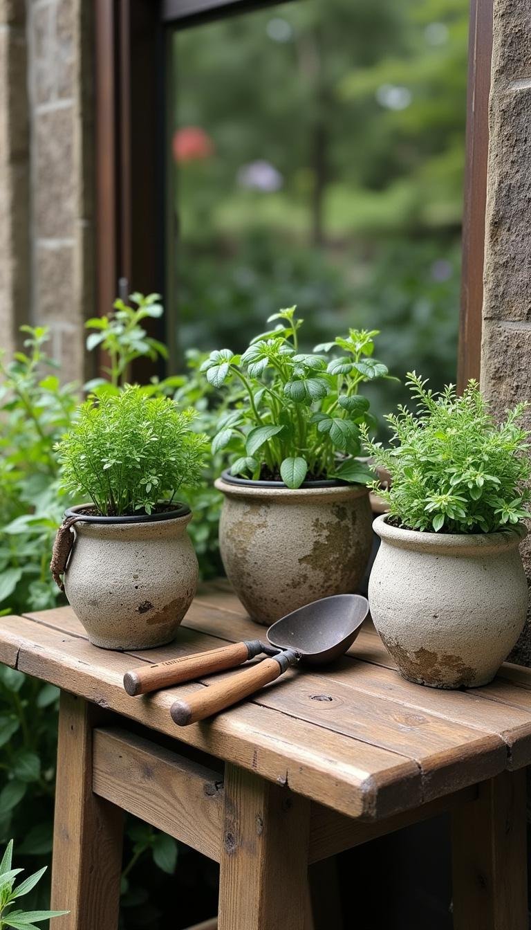 Earthy garden corner with natural stones, herbs, and rustic tools for a whimsical, free-spirited vibe