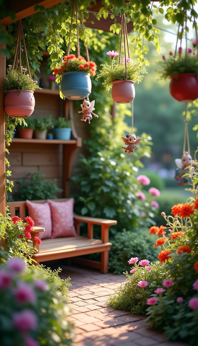 Vibrant garden with hanging plants, flowers, and fairy-tale inspired seating area for free spirits