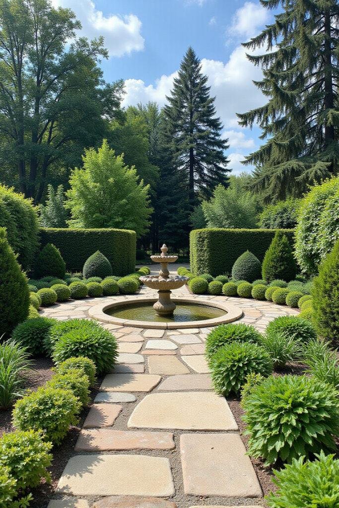 A peaceful garden scene featuring a stone pathway, verdant plants, and a fountain amid tall trees