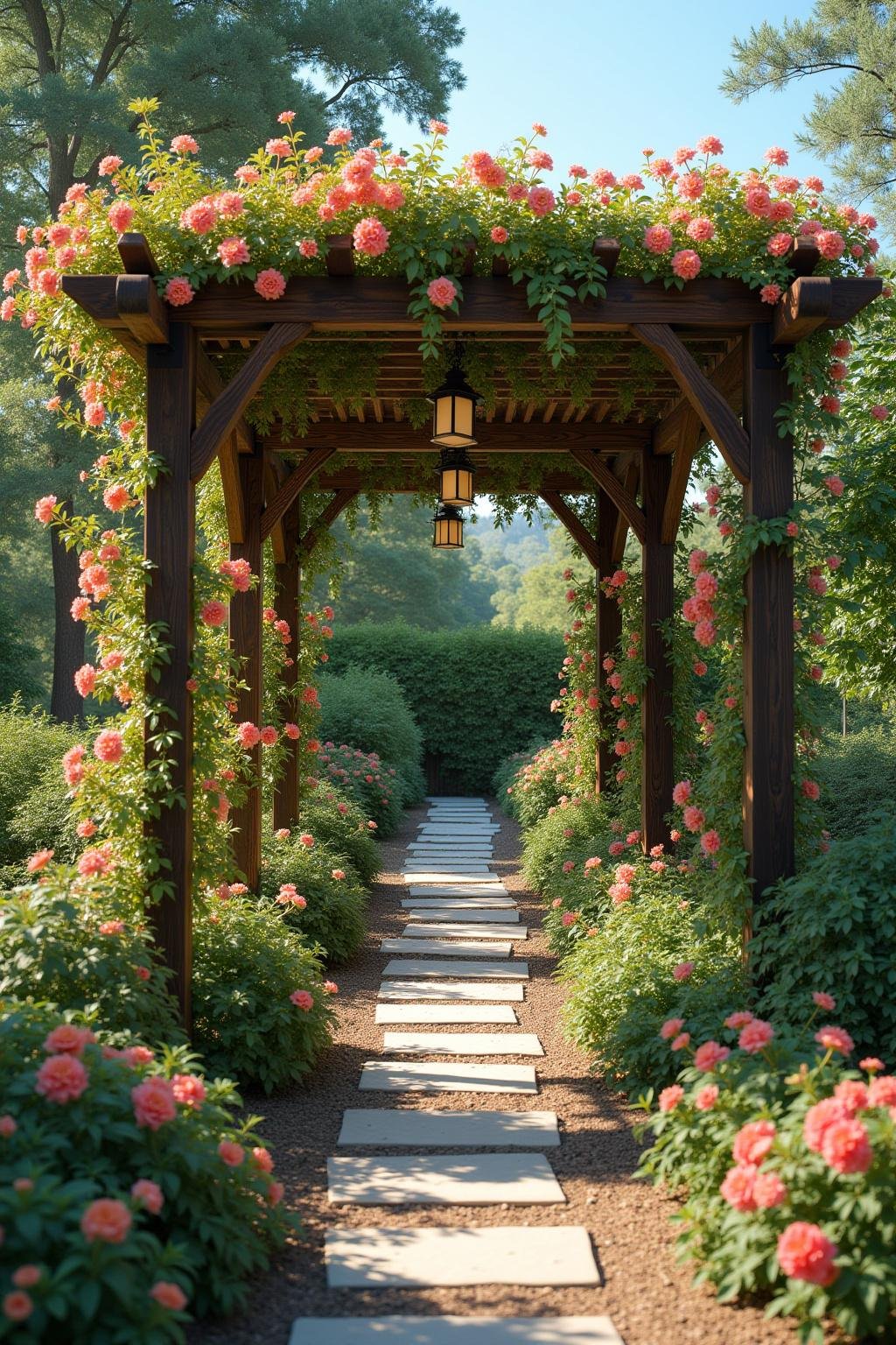 Garden with a wooden pergola covered in hanging plants and colorful flowers, creating a tranquil space