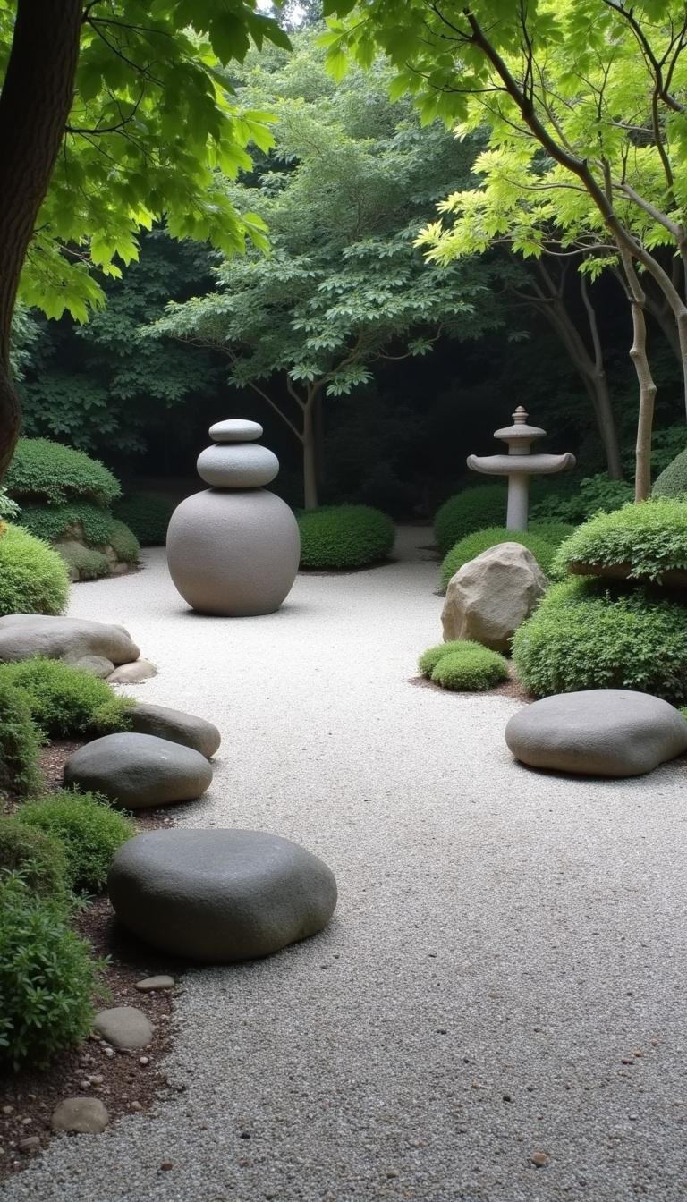 Zen garden with rocks, sculpture, and raked gravel, evoking a calming natural sanctuary