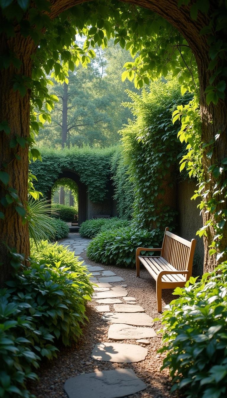 Secluded garden corner with dense plants, a wooden bench, and sunlight creating a peaceful retreat