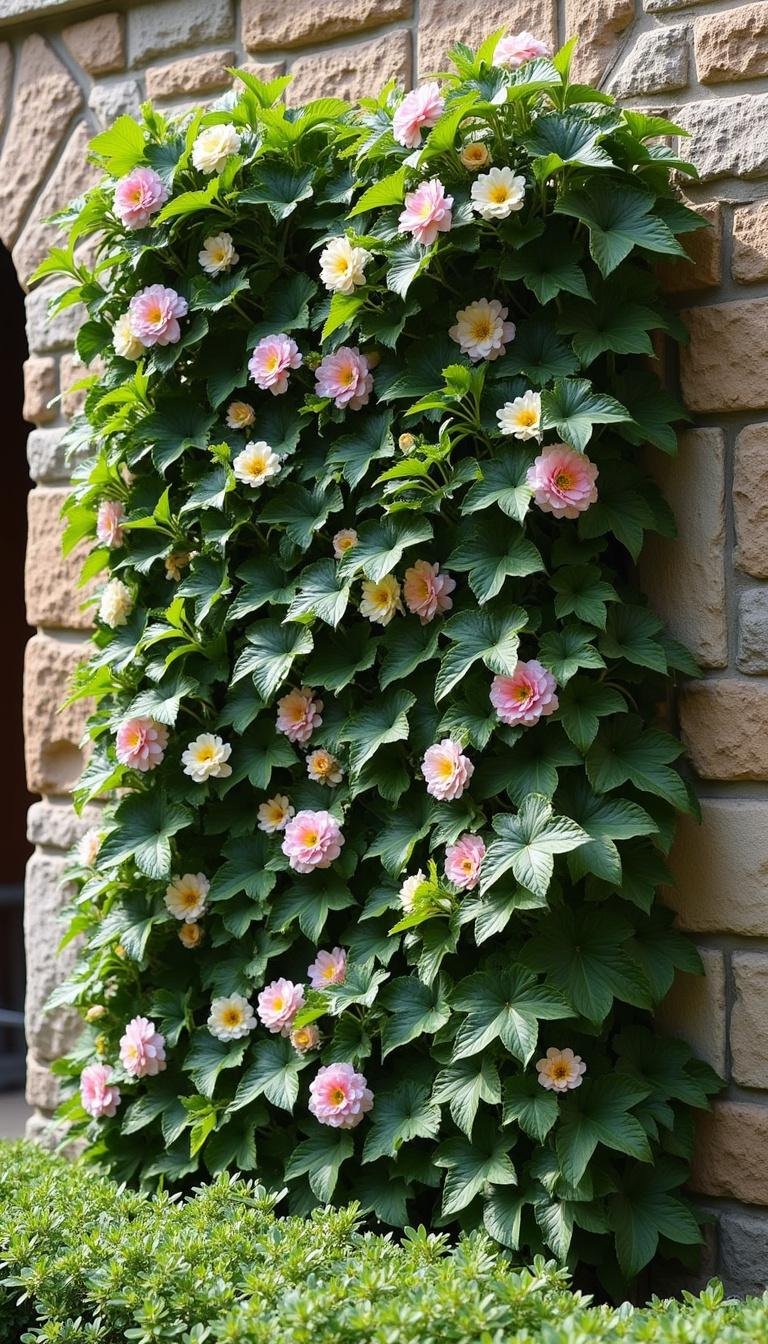 Vertical garden featuring lush climbing plants and flowers on stone wall, emphasizing natural beauty