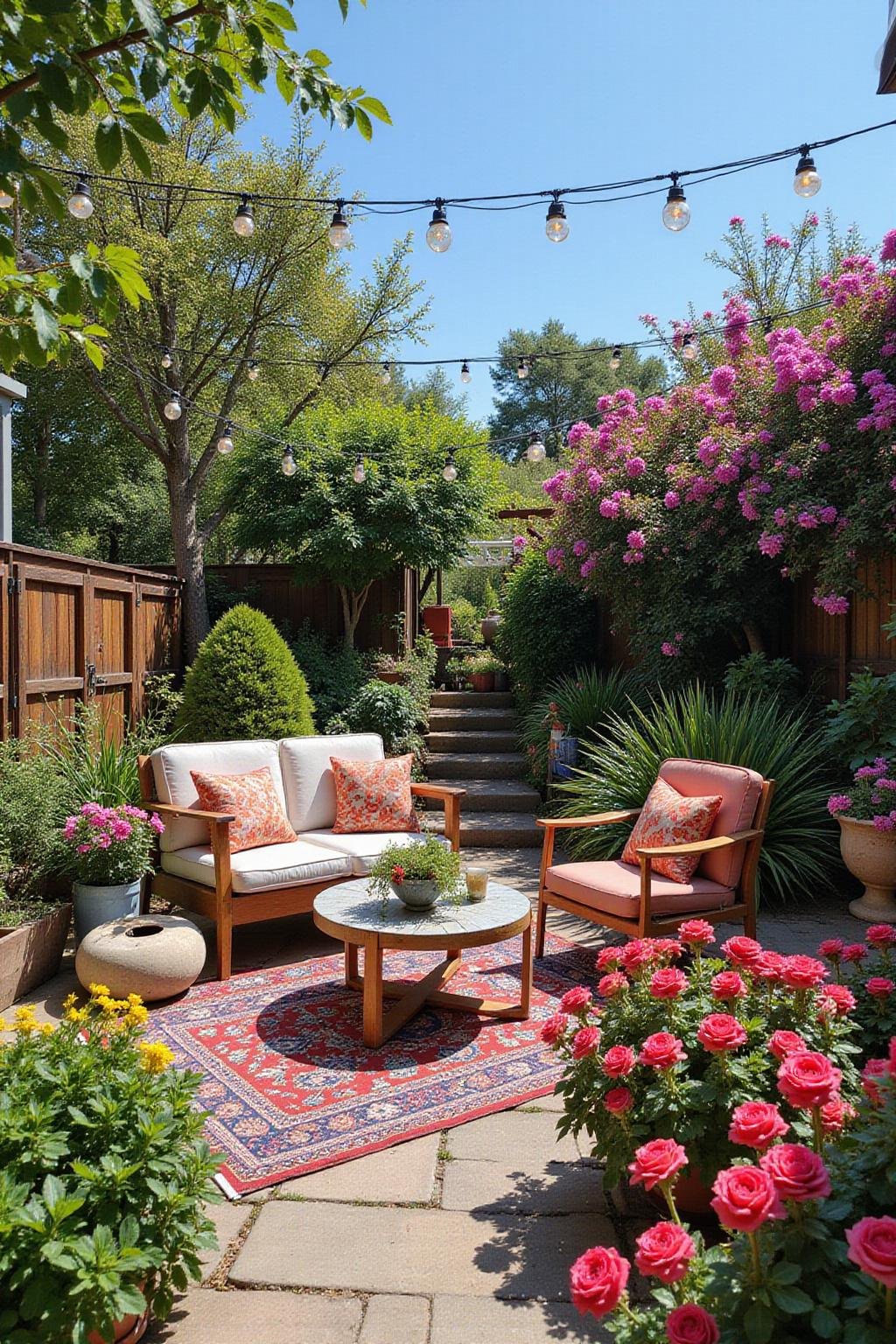 Colorful bohemian garden with flowers, lanterns, and unique furniture perfect for a hippie-inspired outdoor space
