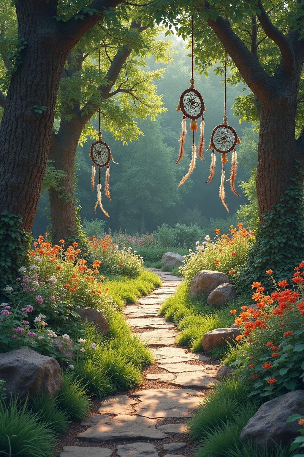 Hippie garden with winding paths, wildflowers, and decorative dreamcatchers hanging from trees