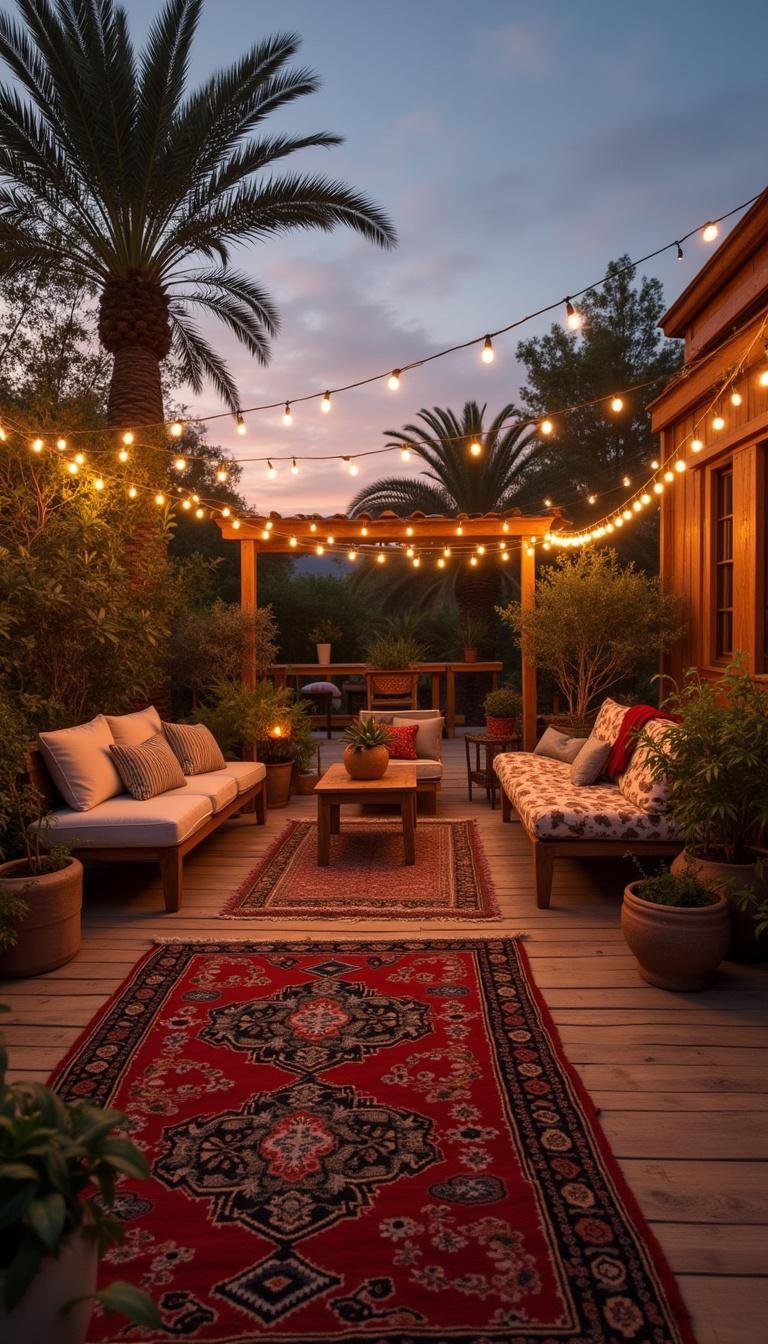 Hippie garden lounge with vintage rugs, wooden tables, and string lights creating a cozy atmosphere during sunset