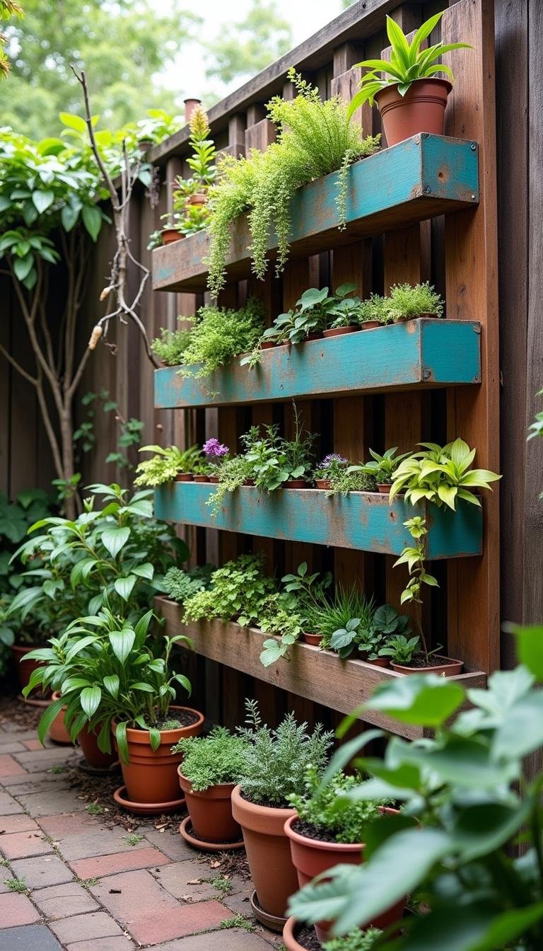 Vertical hippie garden with recycled containers, hanging plants, and lush greenery for eco-friendly decor
