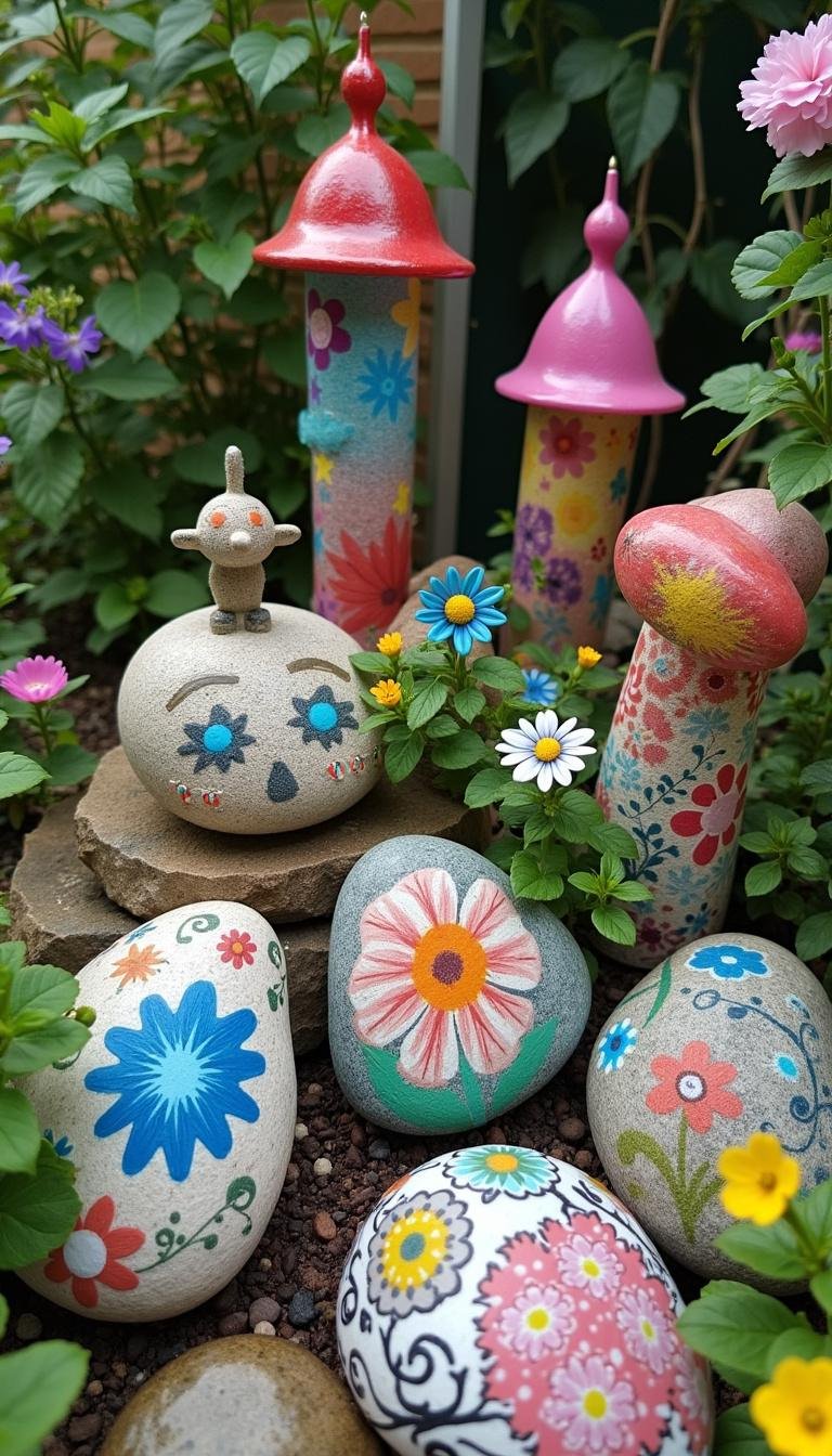 Creative hippie garden corner featuring sculptures, painted rocks, and wind chimes among vibrant flowers