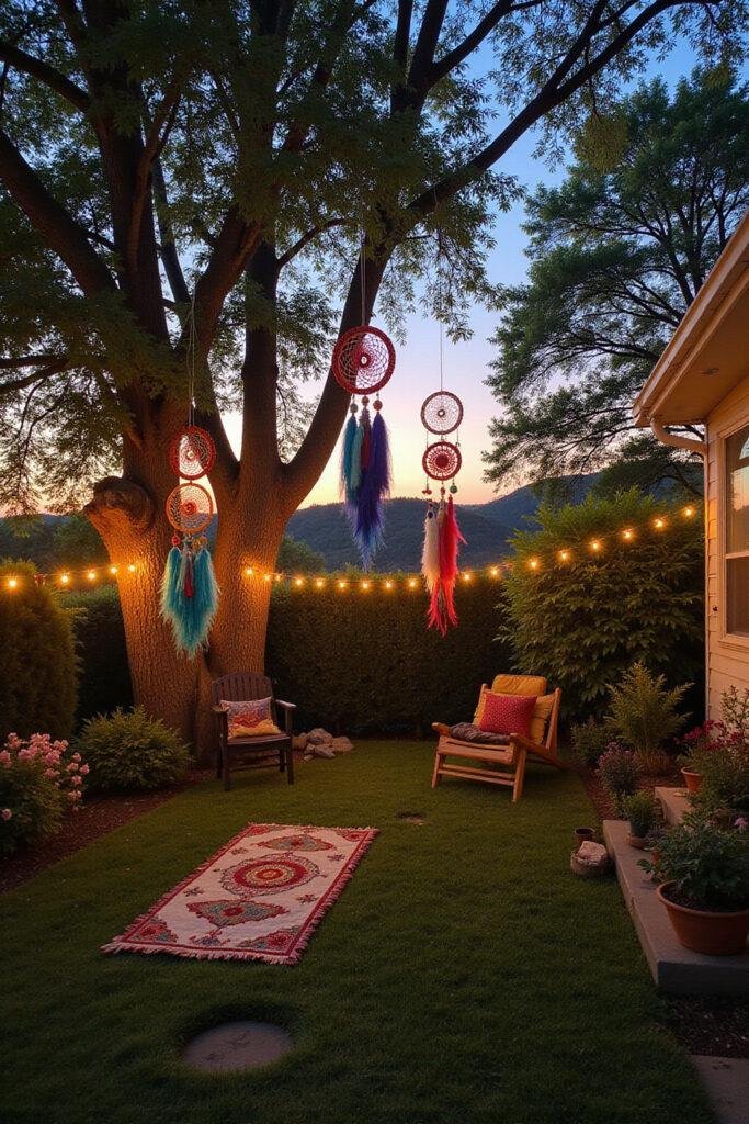 Hippie-inspired backyard with vibrant decorations, hanging dreamcatchers, and fairy lights under sunset sky