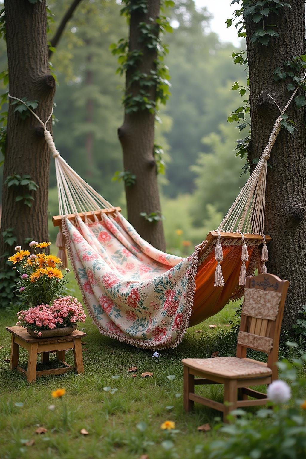 Relaxing hammock setup in a bohemian backyard with floral textiles and wildflowers all around