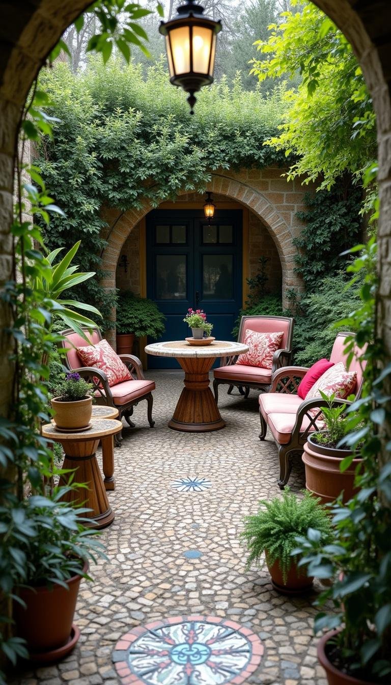 Eclectic backyard garden featuring hanging lanterns, mosaic pathway, and vintage furniture amid greenery