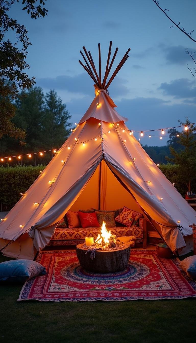 Bohemian outdoor lounge with tipi tent, vibrant textiles, cushions, and string lights at sunset