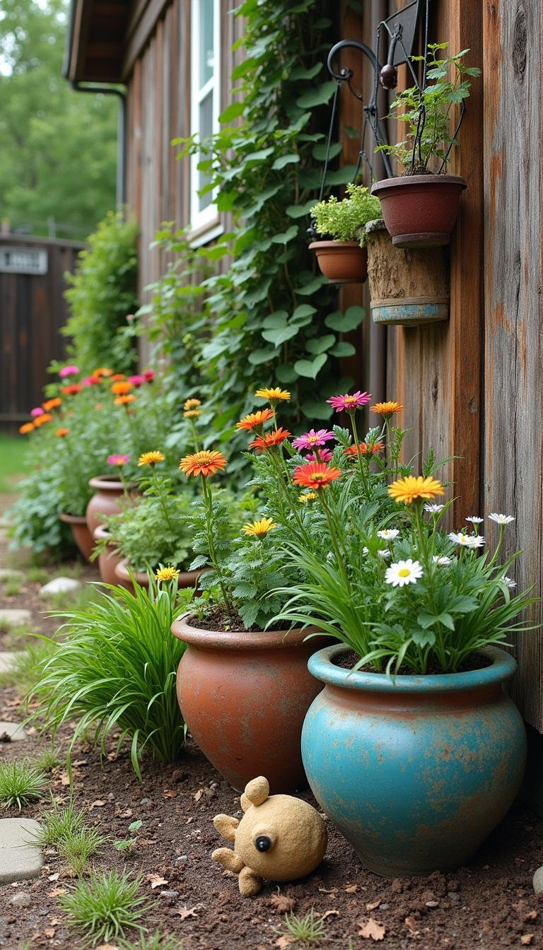 Hippie-inspired backyard vegetable and flower garden with artistic planters, wind chimes, and decorative elements