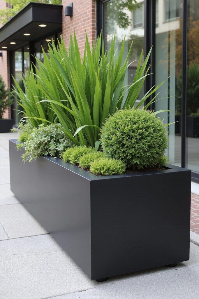 Modern black metal garden planter with vibrant green foliage in a stylish outdoor space