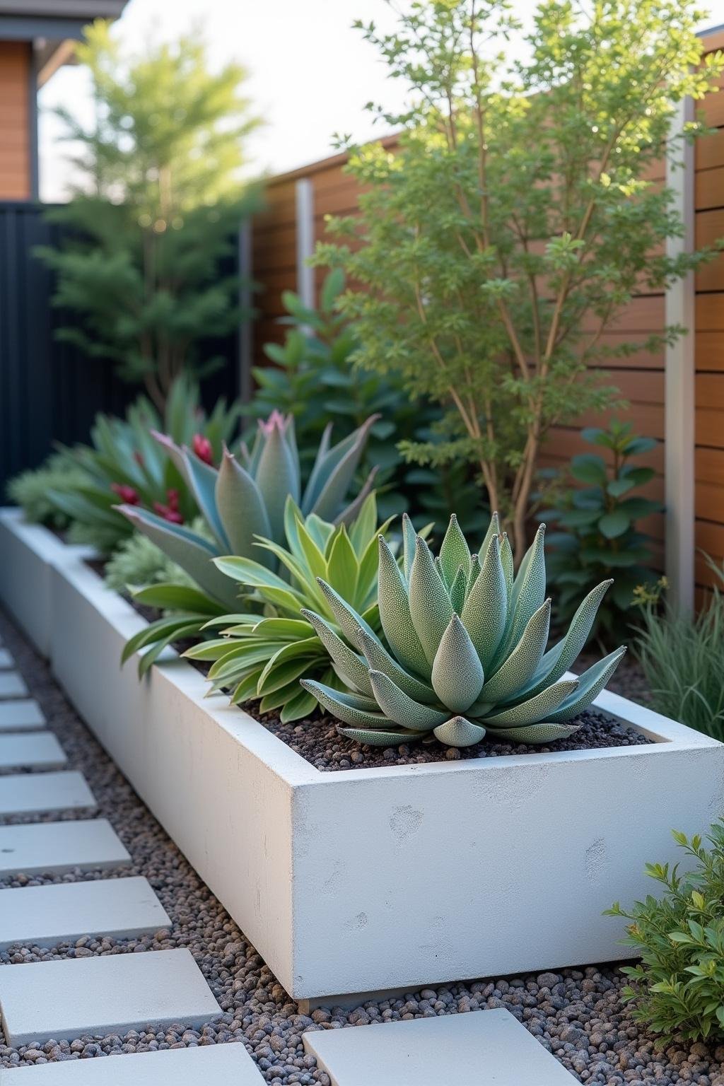 Contemporary concrete garden planter featuring succulents in a modern outdoor patio